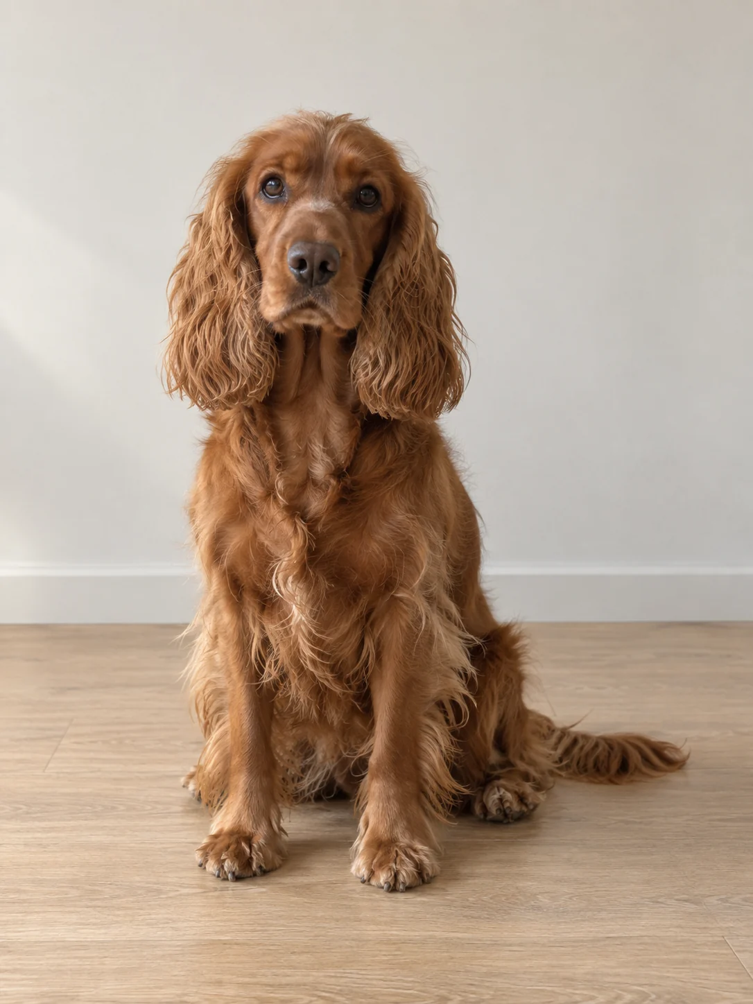 Ein brauner Spaniel sitzt auf einem hellen Holzboden vor einer schlichten Wand.
