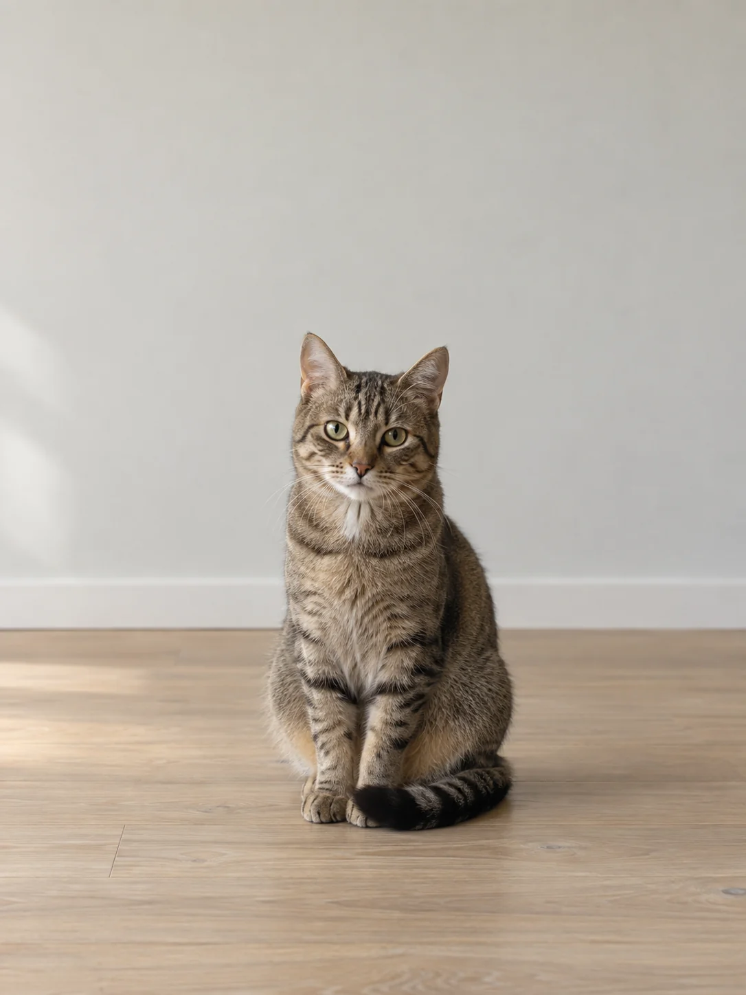 Eine getigerte Katze sitzt mit ihrem Schwanz an den Pfoten auf einem hellen Holzboden.