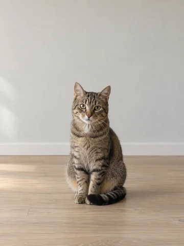 Eine getigerte Katze sitzt mit ihrem Schwanz an den Pfoten auf einem hellen Holzboden.