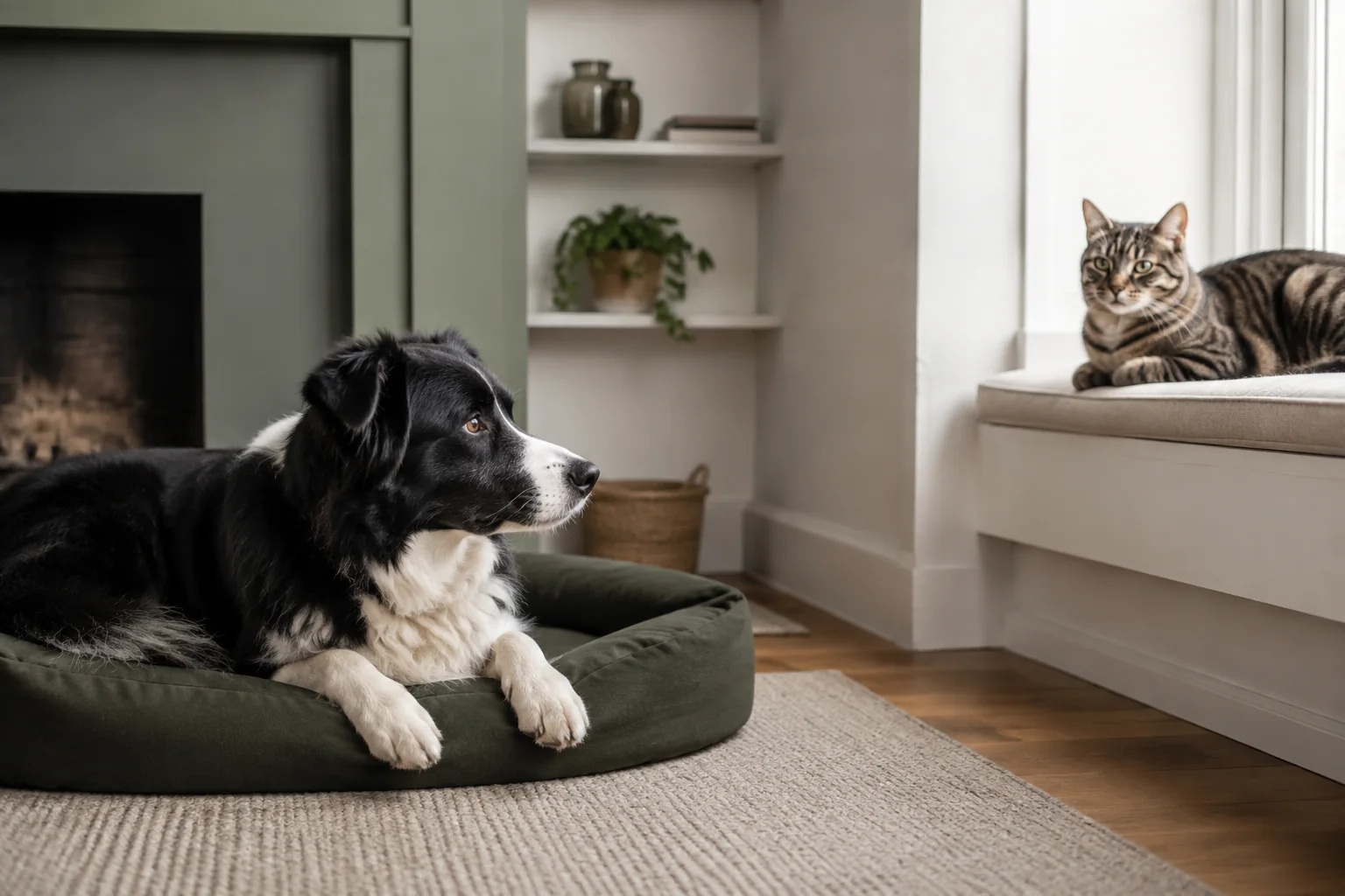 Ein schwarz-weisser Hund liegt in einem Körbchen; eine getigerte Katze liegt mit Abstand auf einem gepolsterten Fensterplatz.