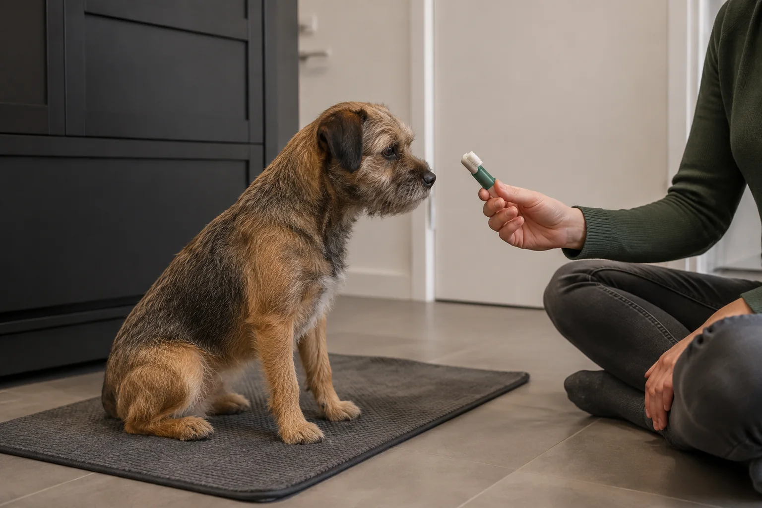 Ein kleiner Terrier auf einer Matte schaut auf eine Zahnbürste, die ihm eine sitzende Person mit Abstand anbietet.
