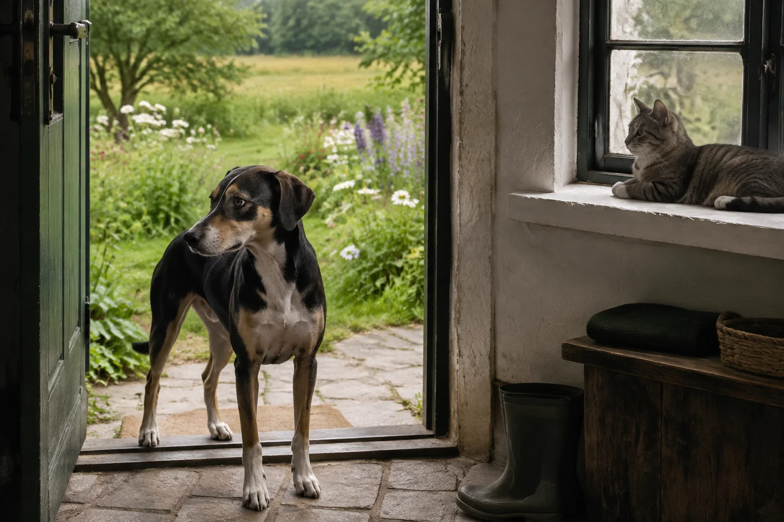 Ein dreifarbiger Hund steht in einer offenen Gartentür; mit Abstand liegt eine getigerte Katze auf einer breiten Fensterbank.