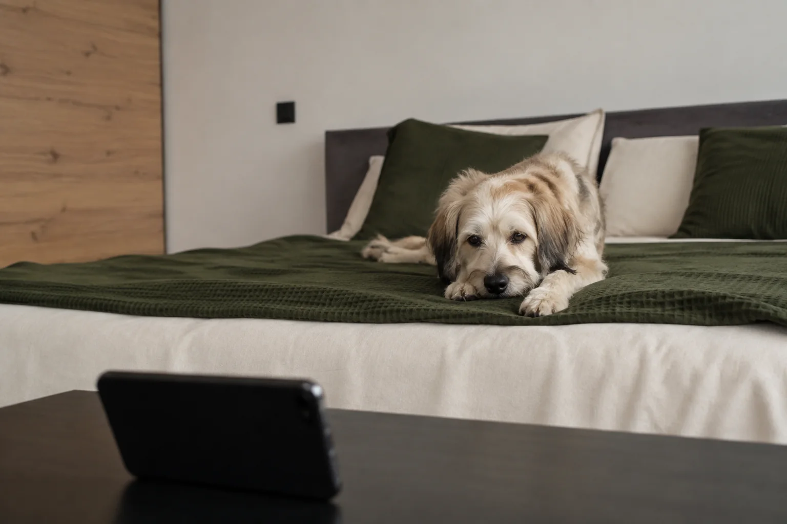 Vor einem hellen Hund, der auf einem Bett mit grüner Decke liegt, steht ein Smartphone im Querformat auf einer Ablage.
