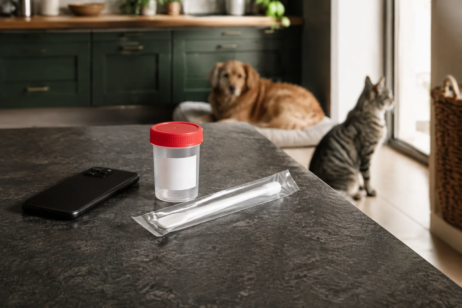 Ein verschlossener Kunststoffbehälter mit leerem Etikett und ein verpacktes weisses Kunststoffutensil liegen auf der Arbeitsfläche; dahinter sind Hund und Katze zu sehen.