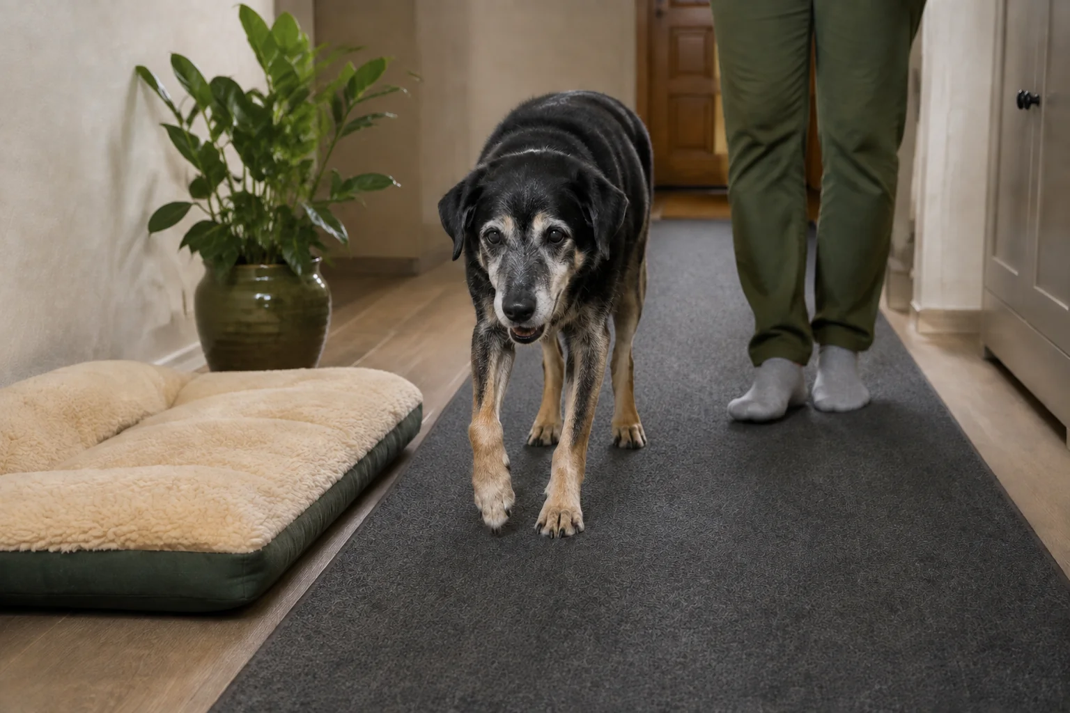 Ein schwarzer Hund mit grauer Schnauze geht neben einer Person über einen grauen Läufer; daneben liegt ein niedriges Hundebett.