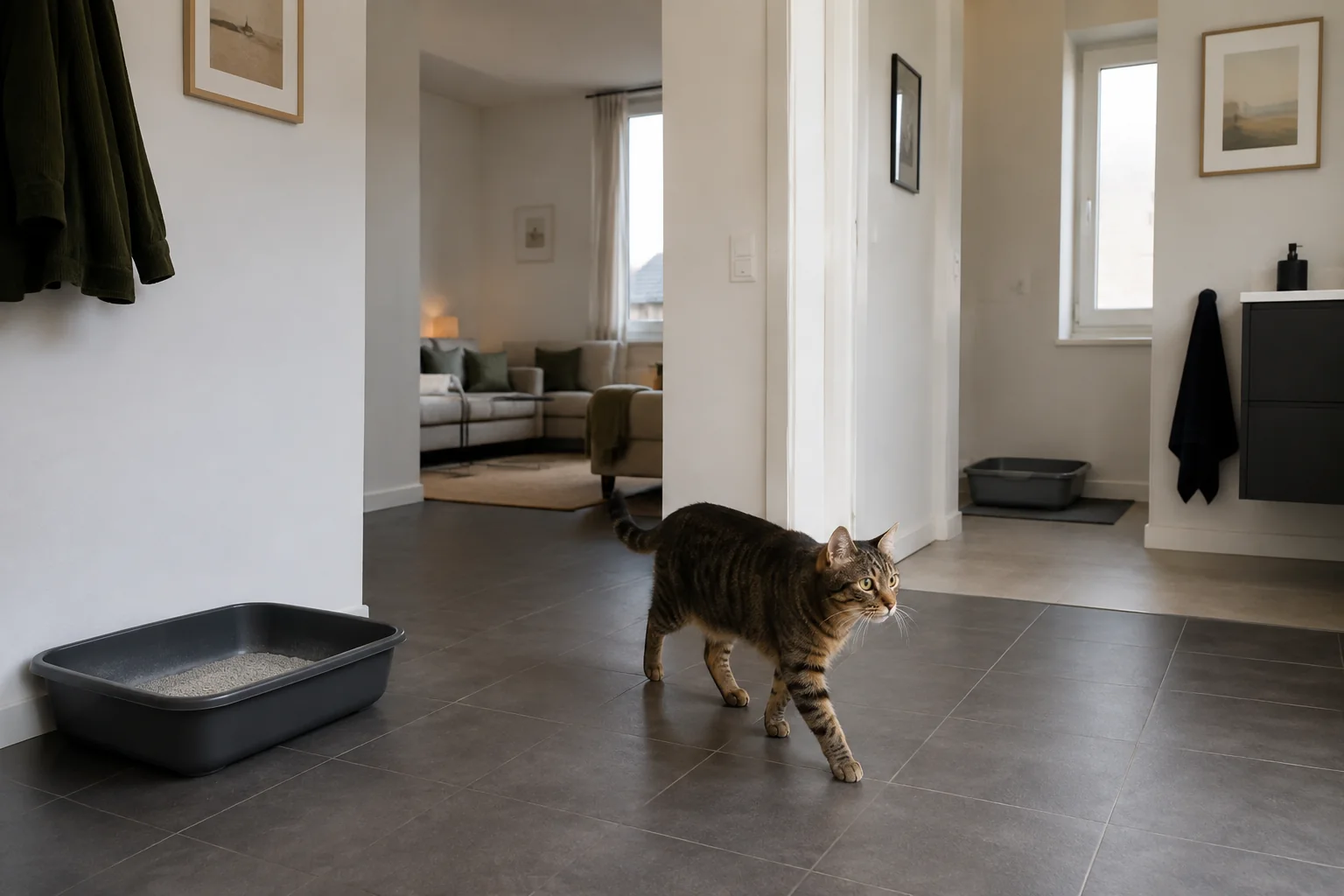 Eine getigerte Katze geht durch einen Flur; eine offene Katzentoilette steht links im Vordergrund, eine weitere im angrenzenden Raum.
