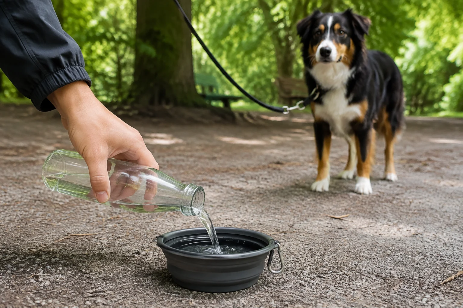 Eine Hand giesst Wasser aus einer Flasche in einen Reisenapf auf einem schattigen Weg; ein angeleinter Hund wartet dahinter.