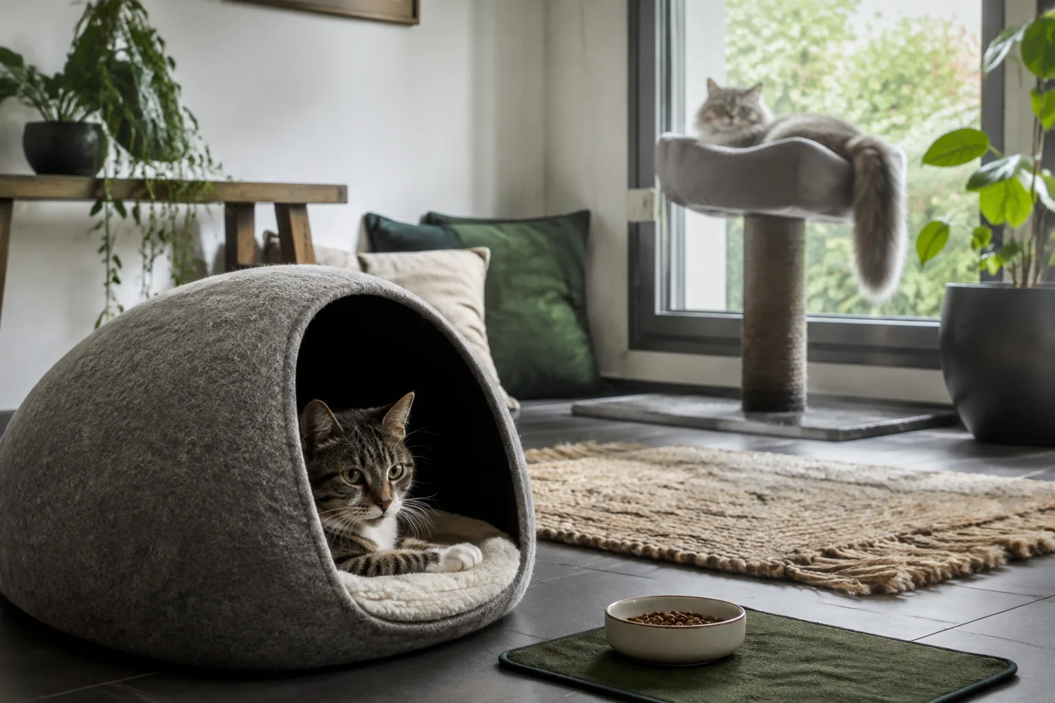 Eine Katze liegt in einer offenen Filzhöhle; eine zweite Katze liegt im Hintergrund auf einem erhöhten Kratzbaum am Fenster.