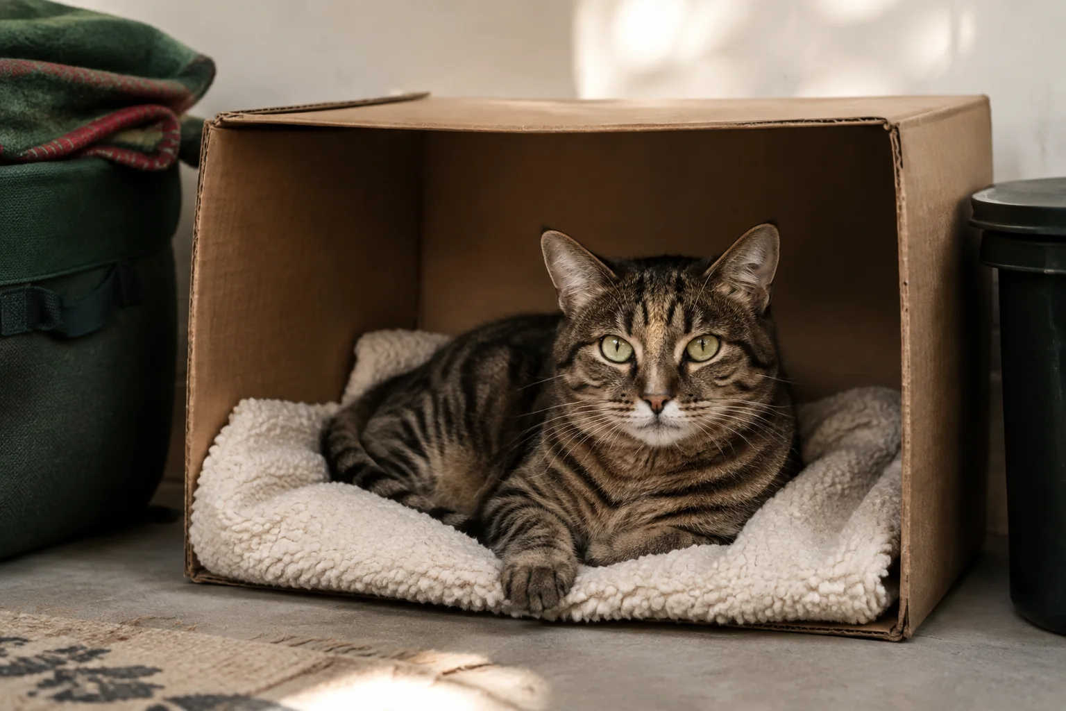 Eine getigerte Katze liegt mit offenen Augen auf einer weichen Decke in einem seitlich offenen Karton.