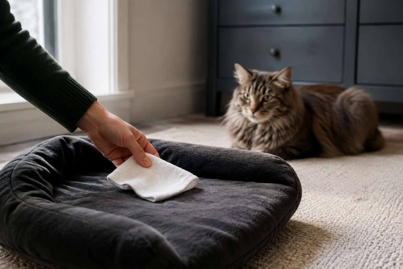 Eine Hand legt ein gefaltetes helles Tuch in ein freies Katzenbett; eine langhaarige Katze beobachtet dies mit Abstand.