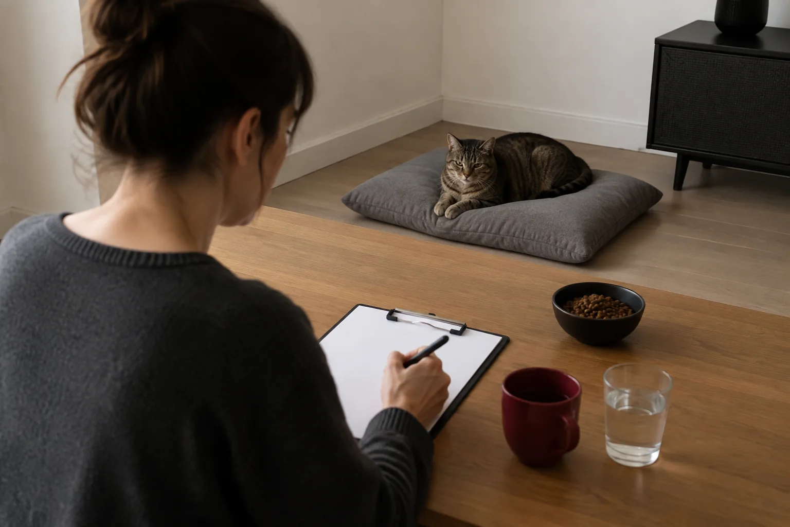 Eine Person schreibt auf ein Blatt am Tisch neben einer Futterschale, einer Tasse und einem Wasserglas; dahinter liegt eine Katze auf einem Kissen.