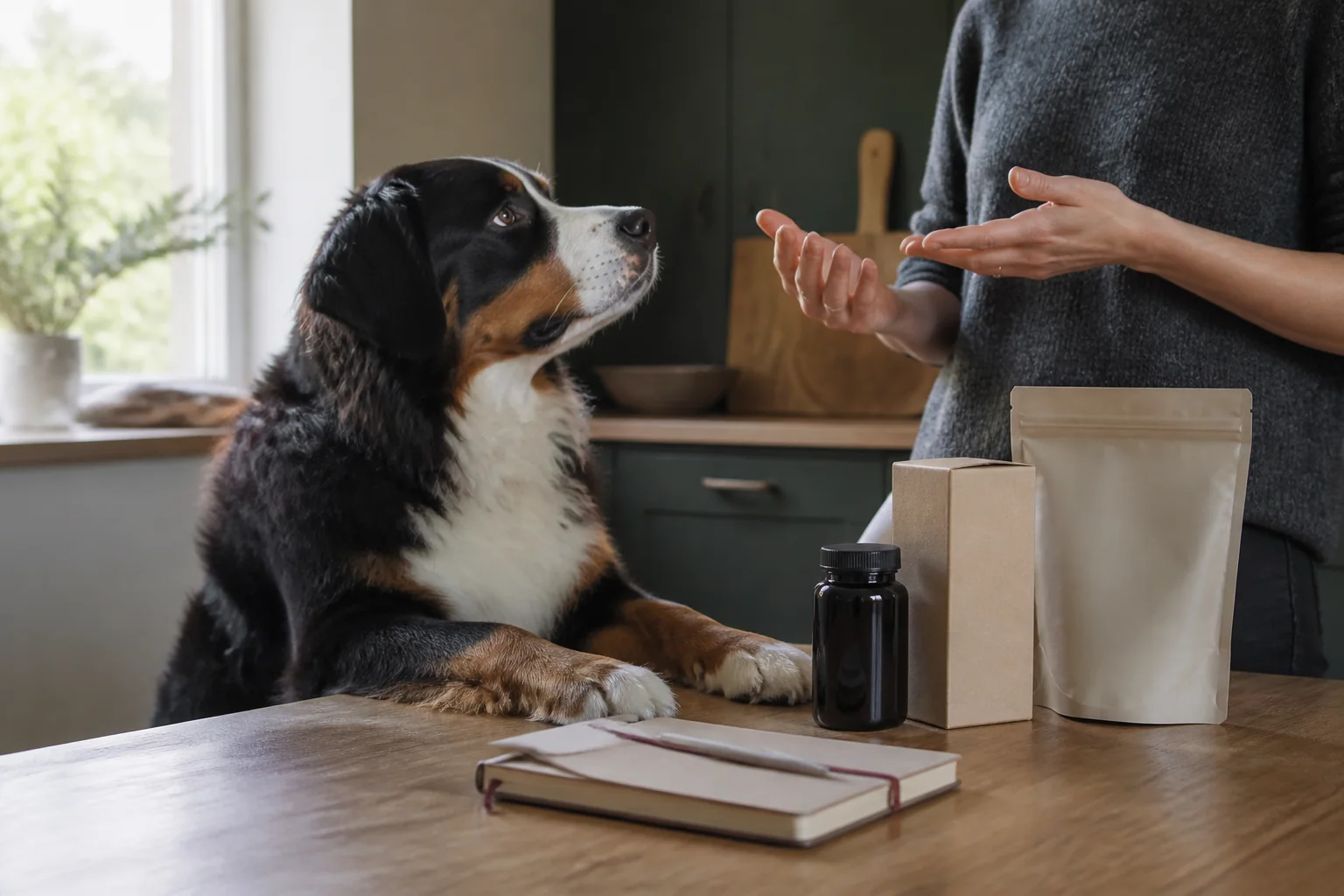 Ein Hund legt die Vorderpfoten auf den Tisch; davor stehen ein verschlossenes dunkles Fläschchen, Packungen und ein Notizbuch, daneben hält eine Person die Hände offen.