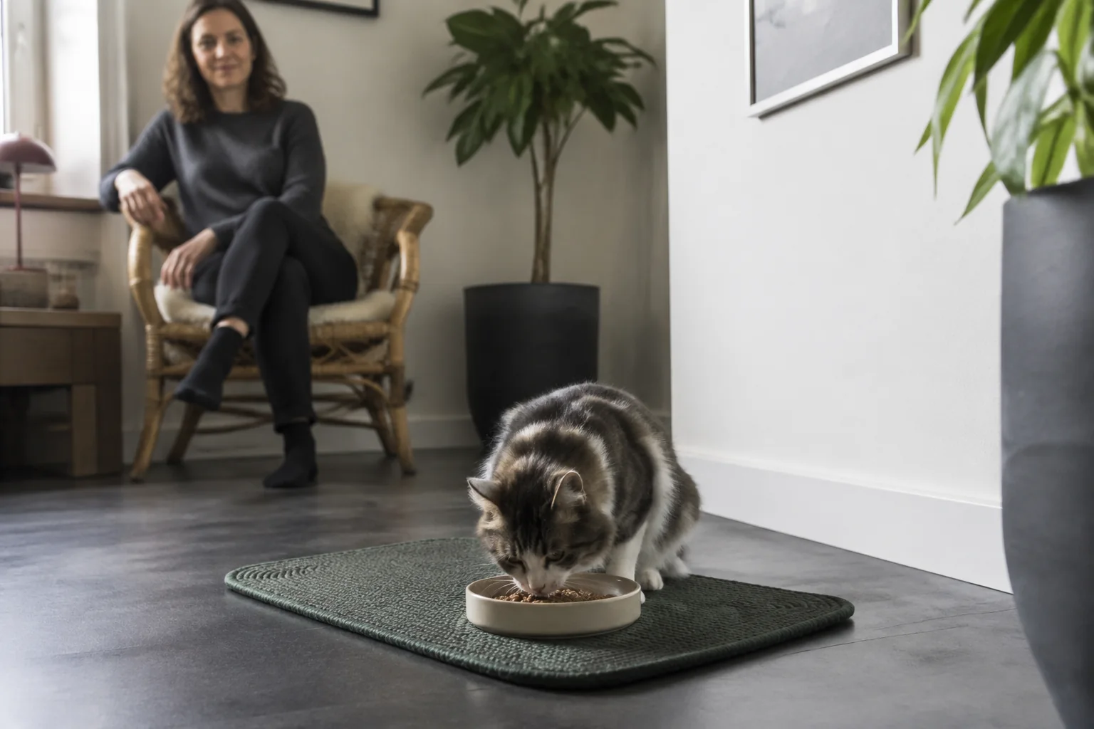 Eine Katze frisst aus einer flachen Schale auf einer grünen Matte; eine Person sitzt mit Abstand im Hintergrund.