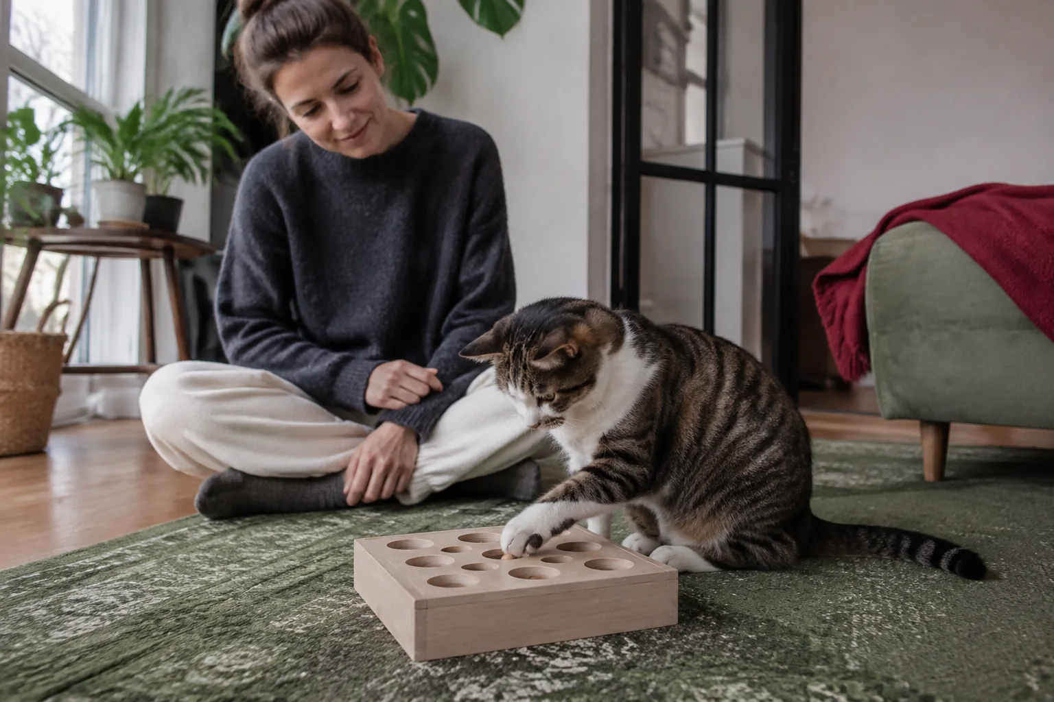 Eine getigerte Katze greift mit einer Vorderpfote in ein Futterpuzzle aus Holz; eine Person sitzt daneben auf dem Teppich.