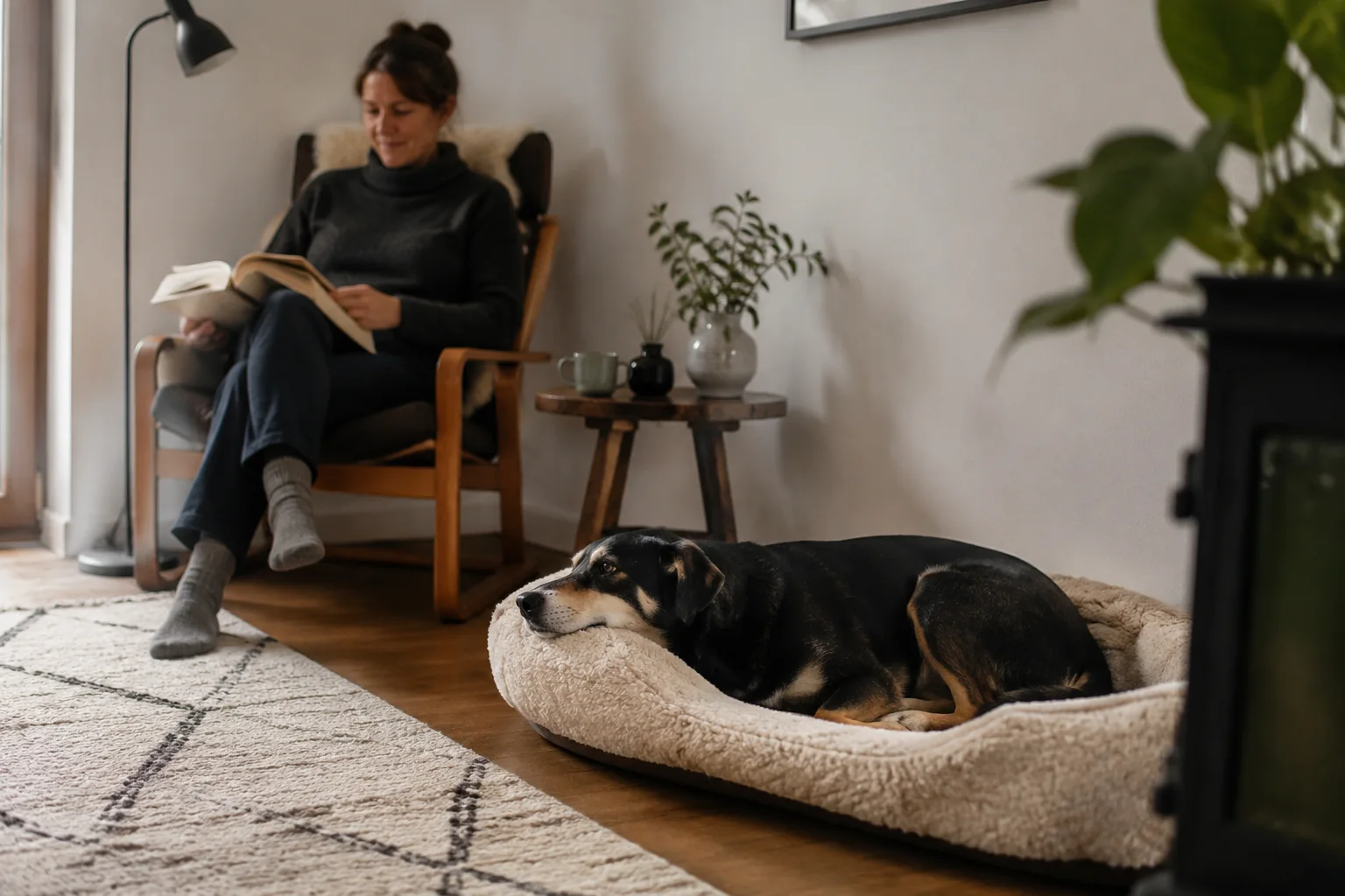 Ein dreifarbiger Hund liegt in einem offenen Hundebett an der Wand; mit Abstand sitzt eine Person im Sessel und liest.