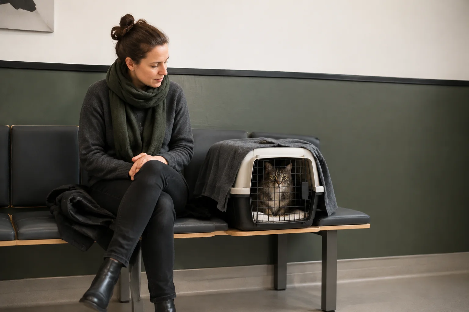Eine Person sitzt im Wartebereich neben einer geschlossenen Transportbox mit teilweise aufgelegtem Tuch; durch das freie Frontgitter ist eine Katze sichtbar.
