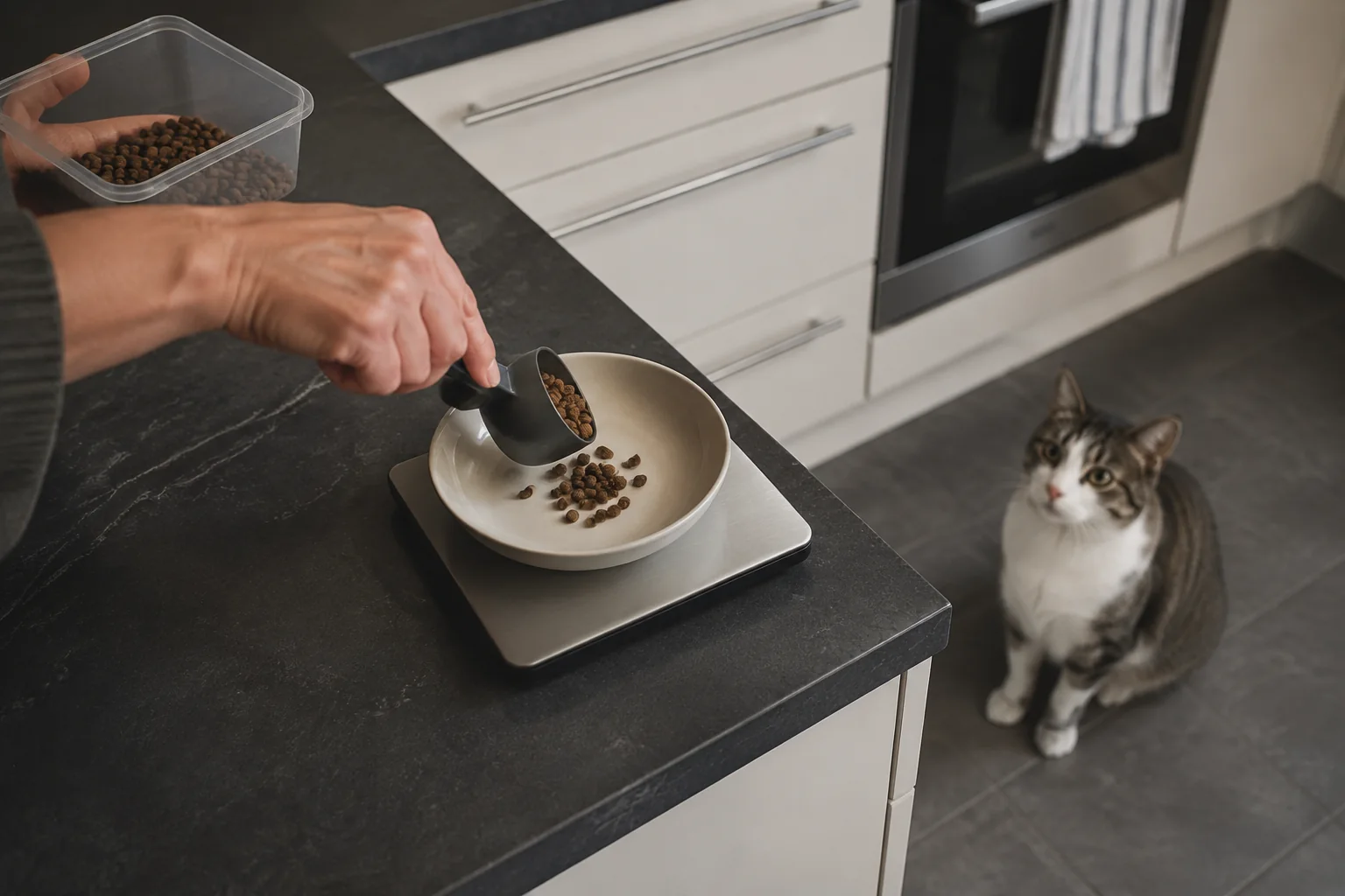 Eine Person gibt Trockenfutter in eine Schale auf einer Küchenwaage; eine Katze sitzt wartend auf dem Boden.