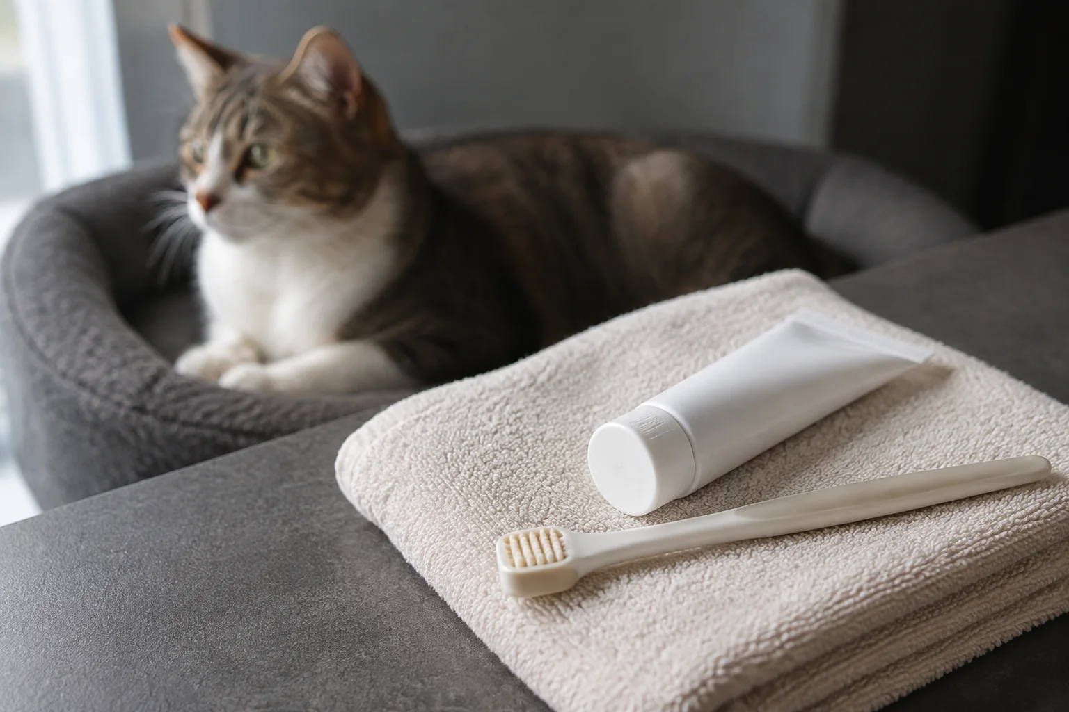 Eine Zahnbürste und eine geschlossene weisse Tube liegen auf einem gefalteten Handtuch; dahinter ruht eine getigerte Katze.