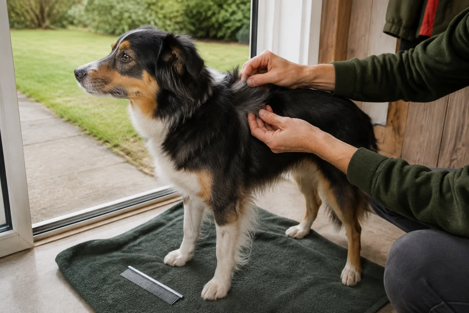 Zwei Hände teilen vorsichtig das Rückenfell eines stehenden Hundes; auf der Matte vor ihm liegt ein Metallkamm.