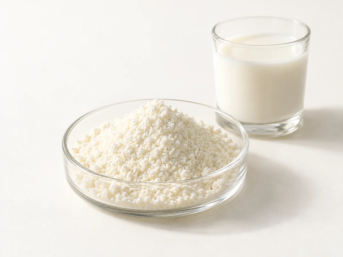 Helles Milchproteinhydrolysat-Pulver mit einem kleinen Glas Milch im Hintergrund.