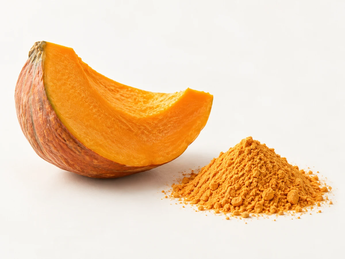 Ein orangefarbener Kürbisschnitz neben fein vermahlenem Kürbispulver.