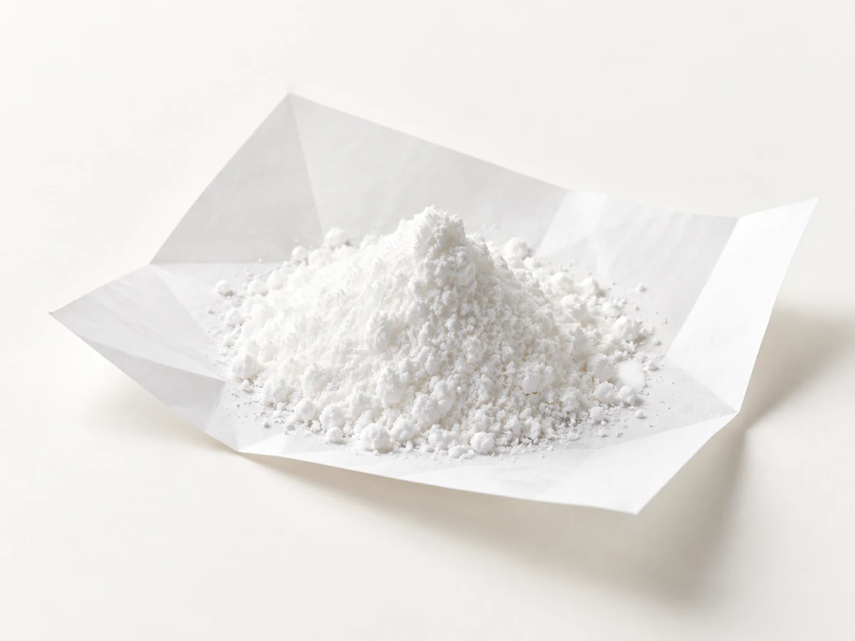Feines weisses L-Theanin-Pulver auf gefaltetem Wägepapier.