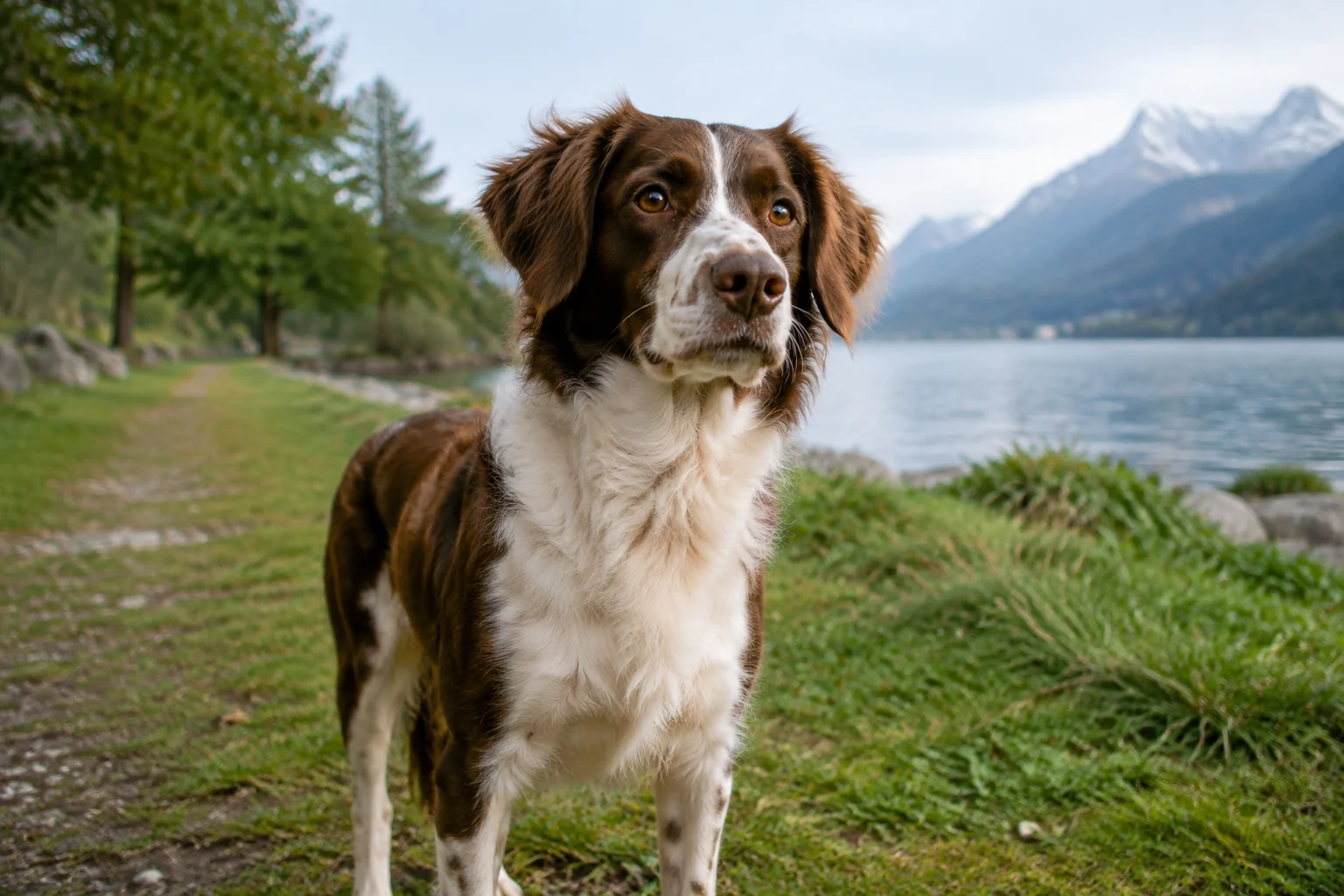 Braun-weisser Hund auf einem grasigen Uferweg vor See und Bergen.