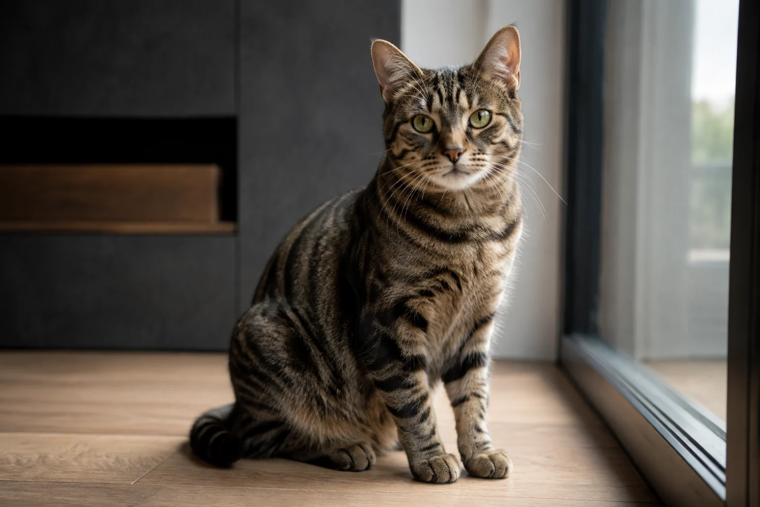 Getigerte Katze sitzt auf einem Holzboden neben einem grossen Fenster.