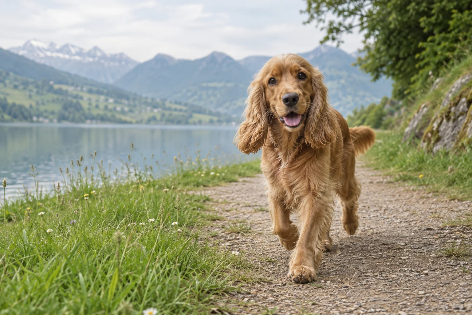 Ein goldener Spaniel läuft auf einem Weg an einem See zwischen Wiese und Bergen.