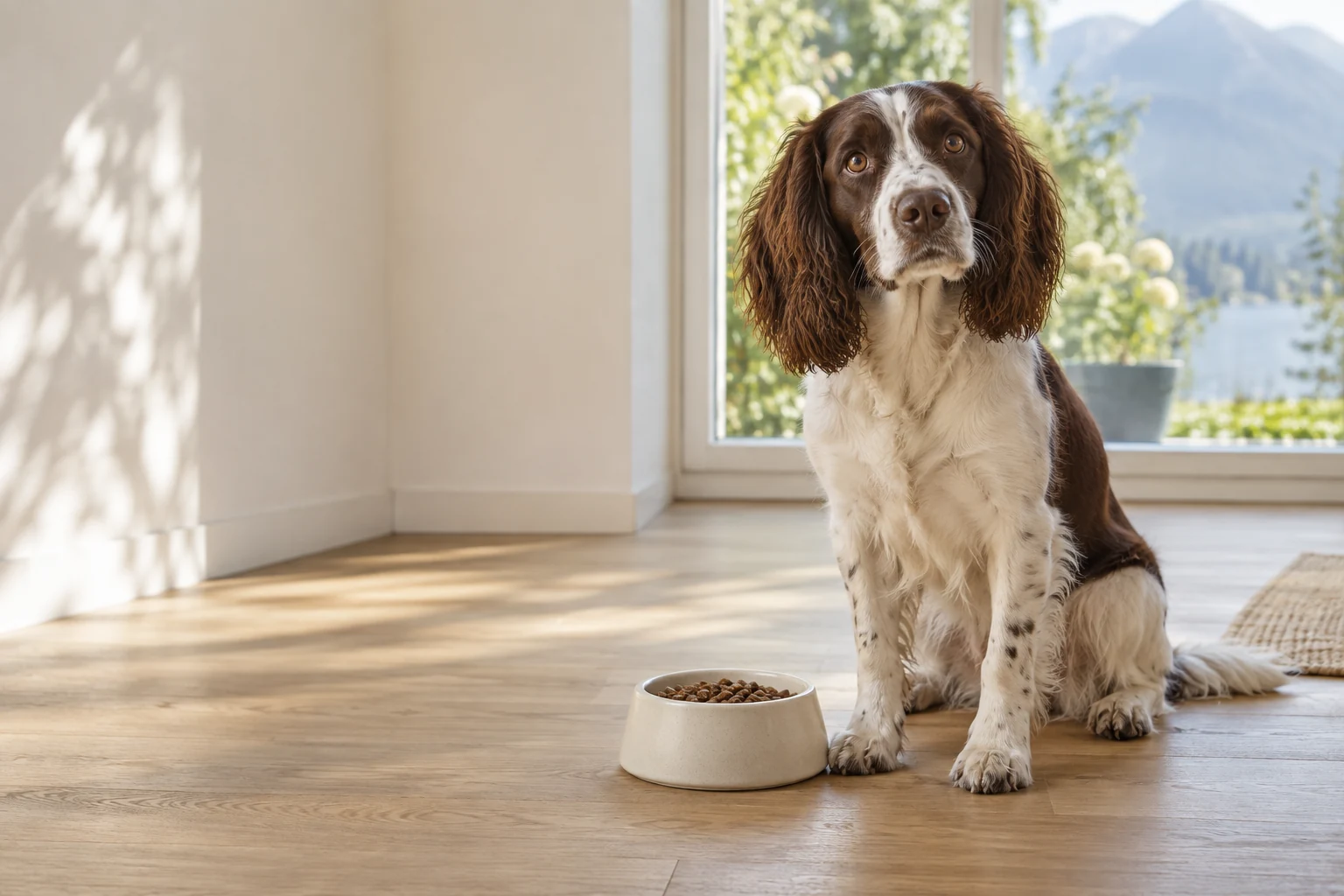 Ein braun-weisser Spaniel schaut neben seinem Futternapf aufmerksam in die Kamera.