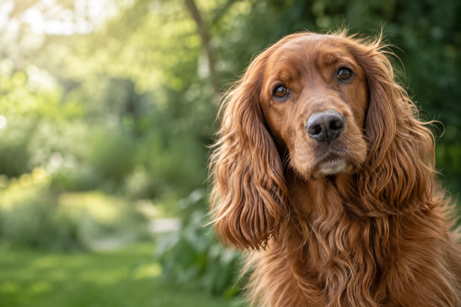 Ein kupferfarbener Hund im natürlichen Gartenlicht, mit aufmerksamem Blick und fein gezeichnetem Fell.