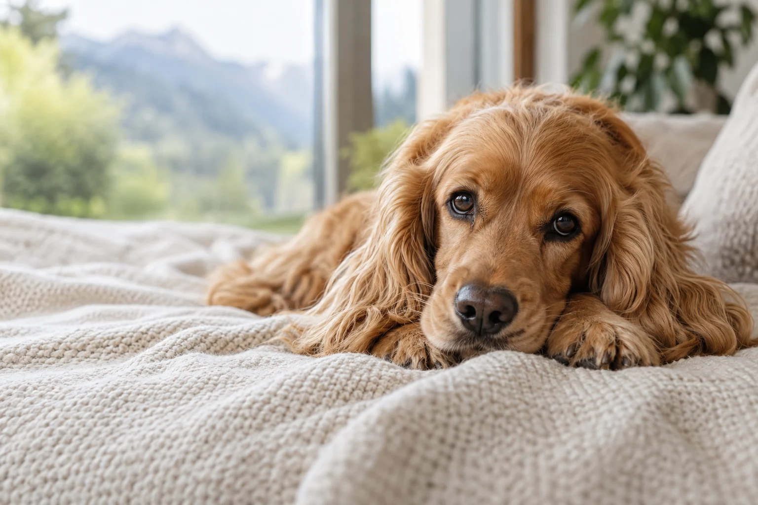 Ein Spaniel ruht entspannt mit dem Kopf auf seinen Pfoten auf einer hellen Decke.
