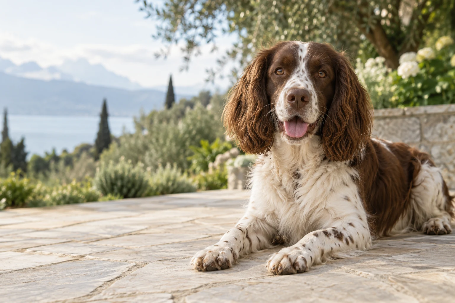 Ein Hund schaut mit entspannt geöffnetem Maul von einer hellen Terrasse in die Kamera.
