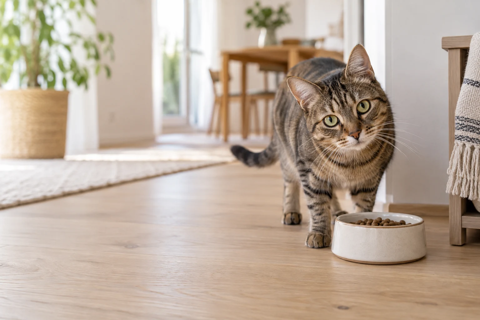 Eine getigerte Katze schaut neben einem kleinen Futternapf neugierig nach oben.