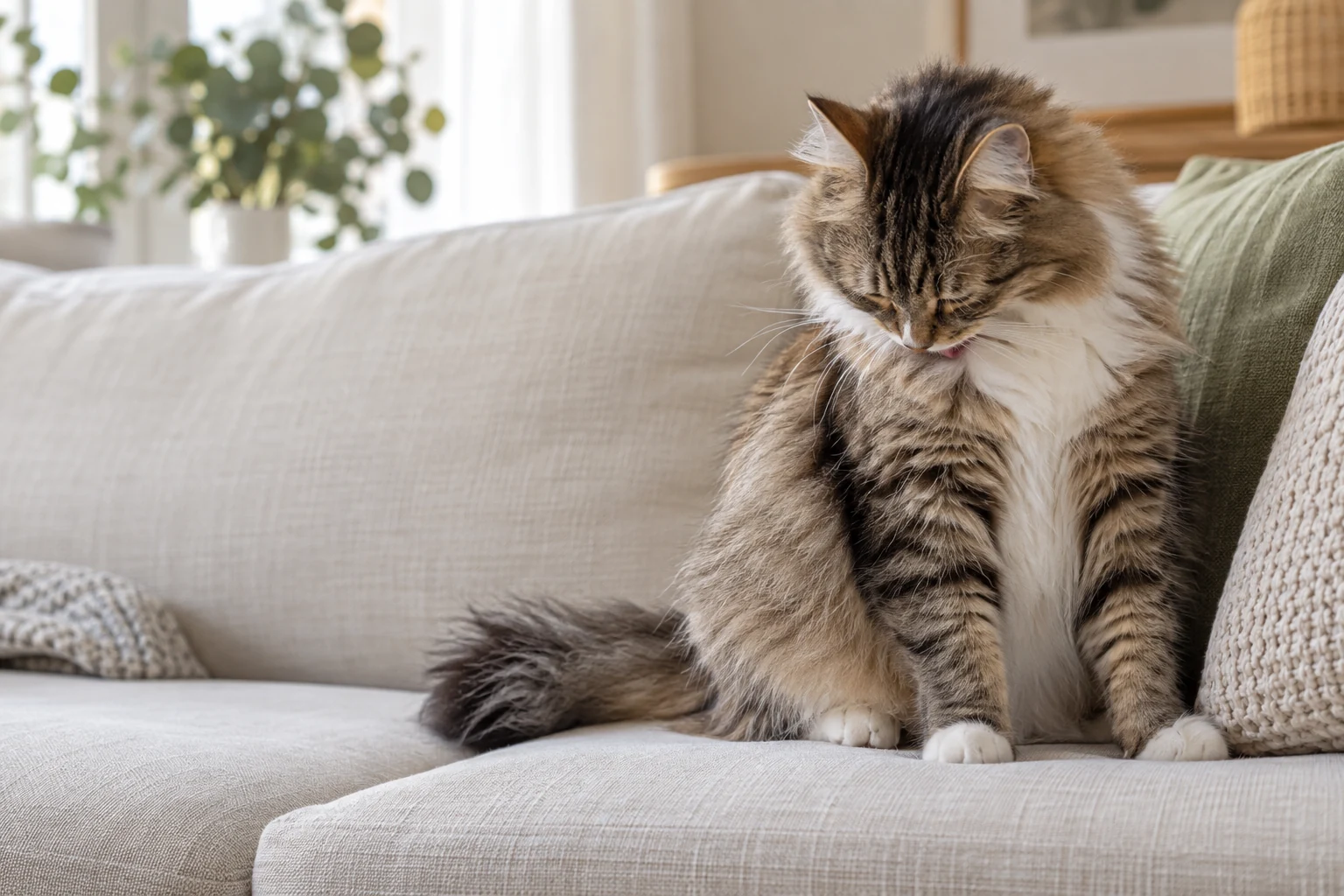 Eine Katze pflegt ihr Brustfell auf ihrem hellen Sofaplatz.