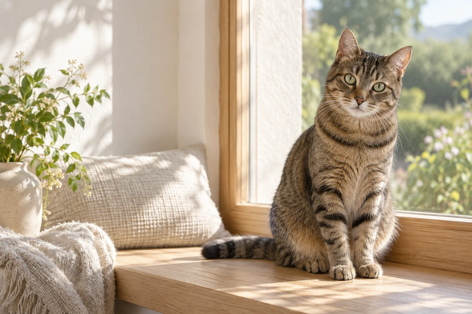 Eine getigerte Katze mit aufmerksamen Augen sitzt im weichen Licht am Fenster.