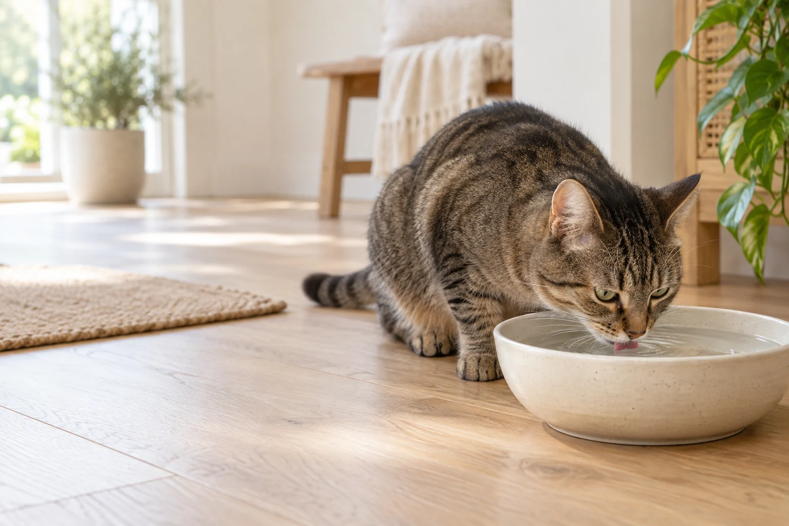 Eine Katze trinkt ruhig aus einer flachen Wasserschale im Tageslicht.