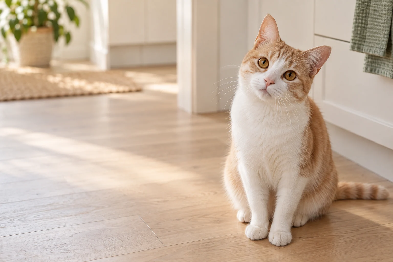 Eine cremefarbene Katze blickt mit leicht geneigtem Kopf aufmerksam nach oben.
