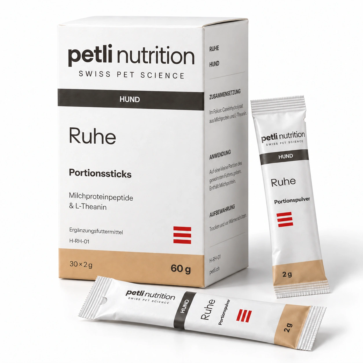 Petli Ruhe für Hund: Portionssticks mit zugehöriger Verpackung.