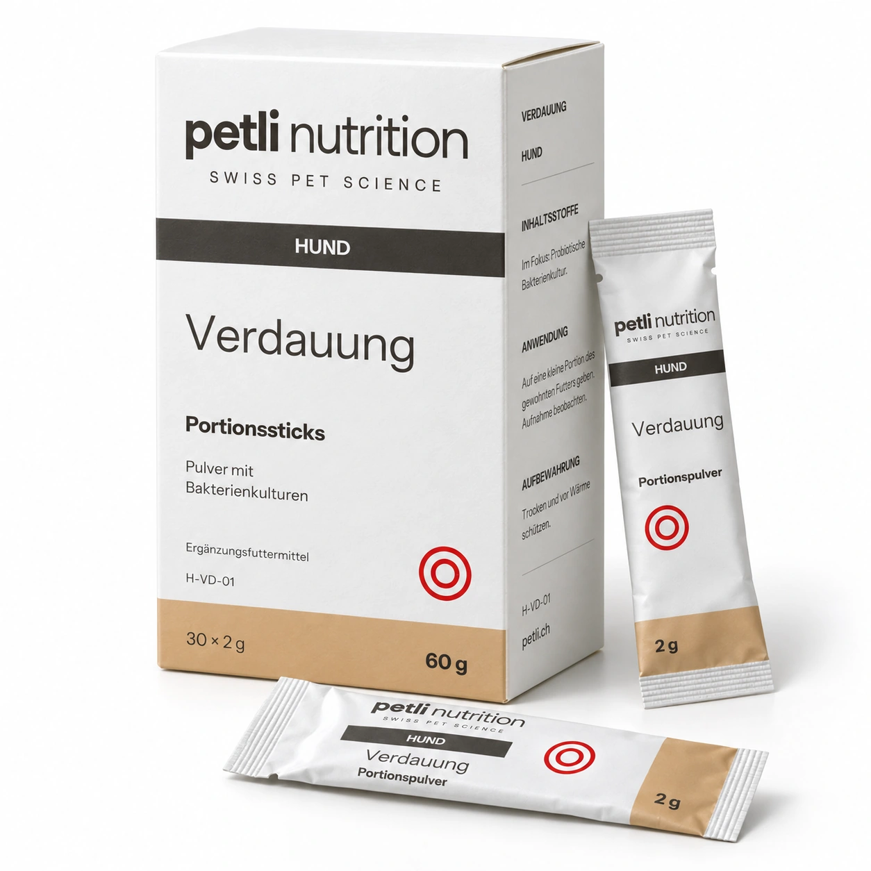 Petli Verdauung für Hund: Portionssticks mit zugehöriger Verpackung.