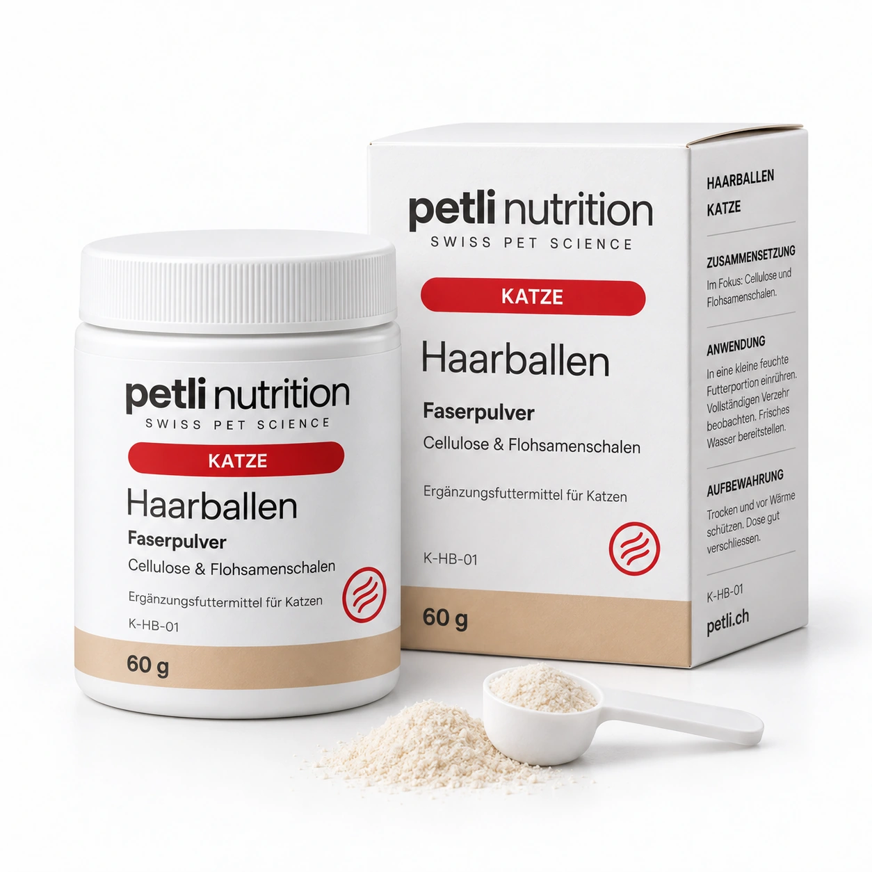 Petli Haarballen für Katze: Faserpulver mit zugehöriger Verpackung.