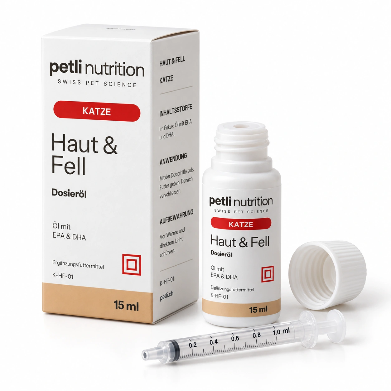Petli Haut & Fell für Katze: Dosieröl mit zugehöriger Verpackung.