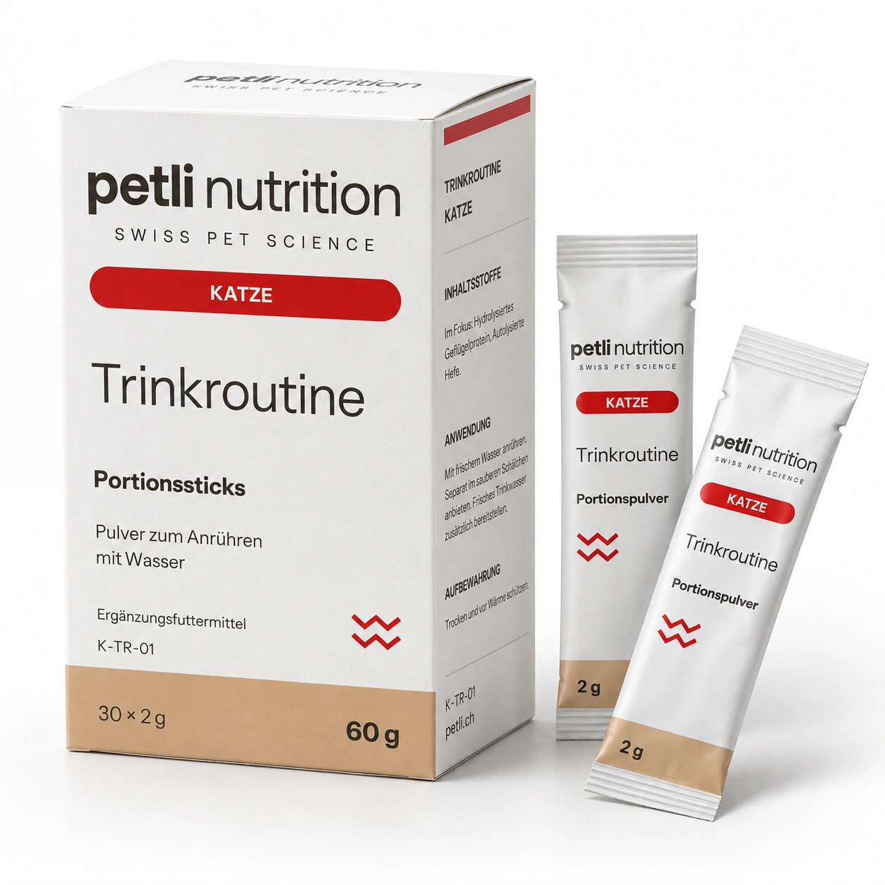 Petli Trinkroutine für Katze: Portionssticks mit zugehöriger Verpackung.