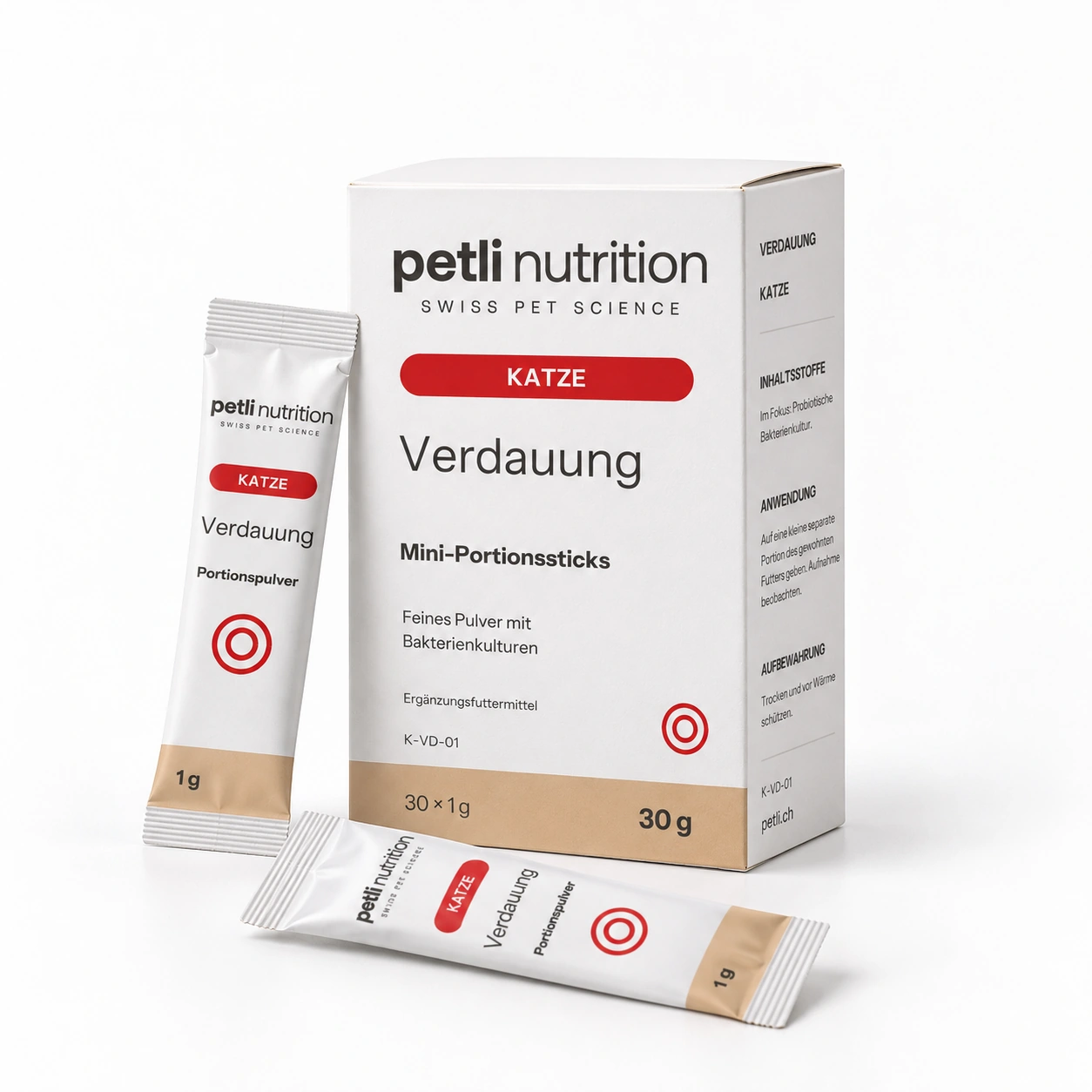 Petli Verdauung für Katze: Mini-Portionssticks mit zugehöriger Verpackung.