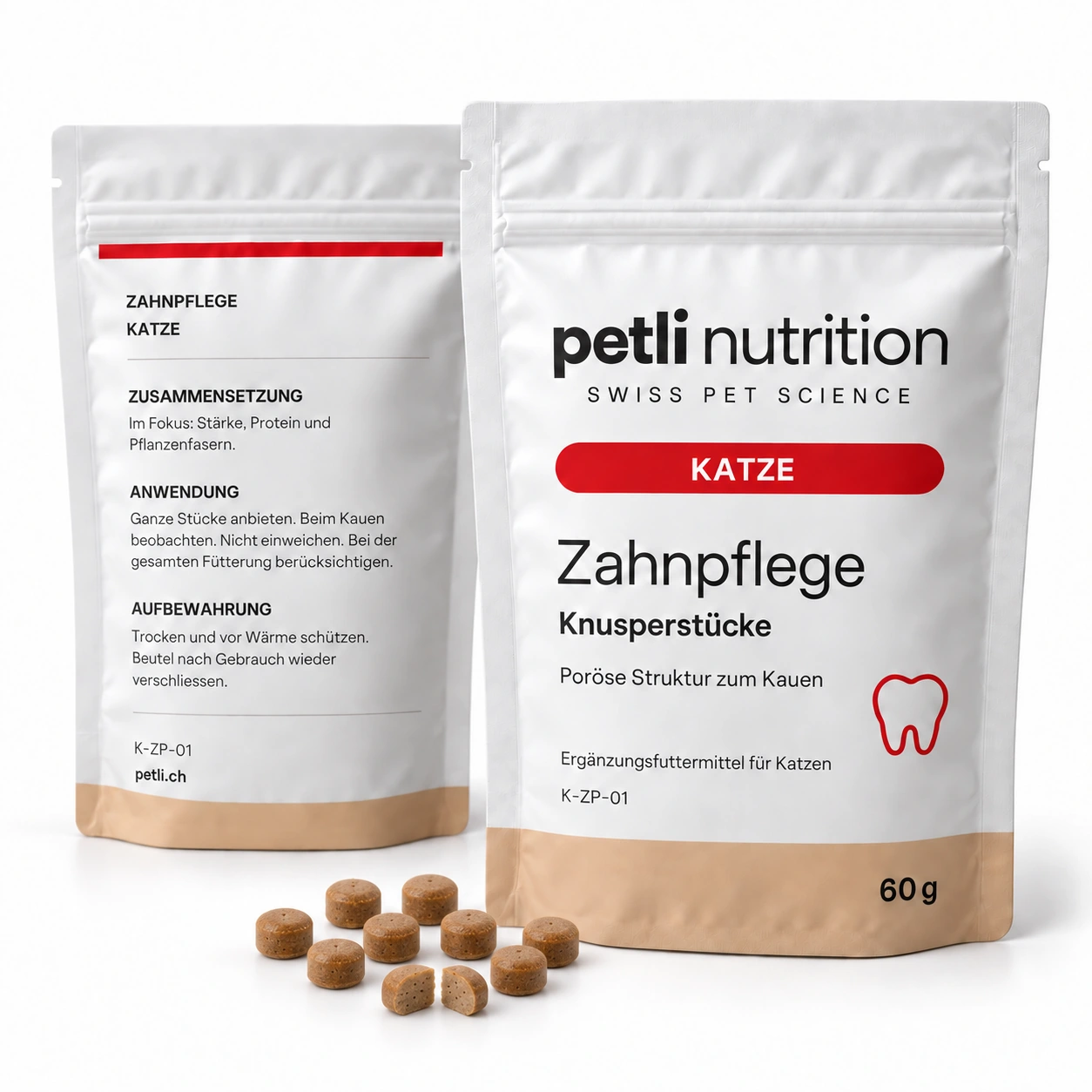 Petli Zahnpflege für Katze: Knusperstücke mit zugehöriger Verpackung.